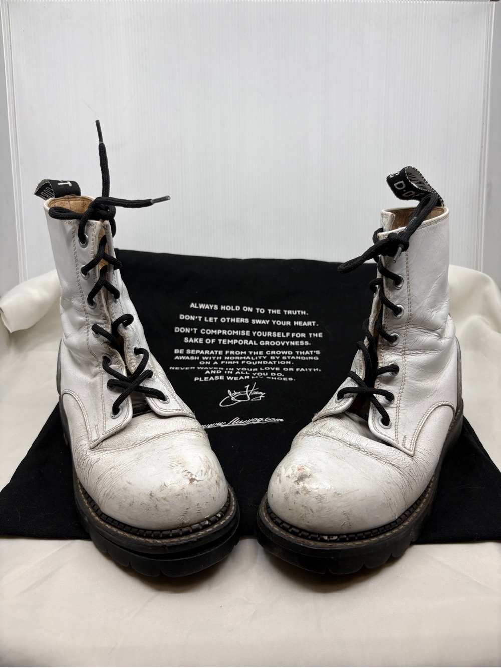 Vintage John Fluevog Womens Size 5 White Limited Ed Leather Combat Boots 67006